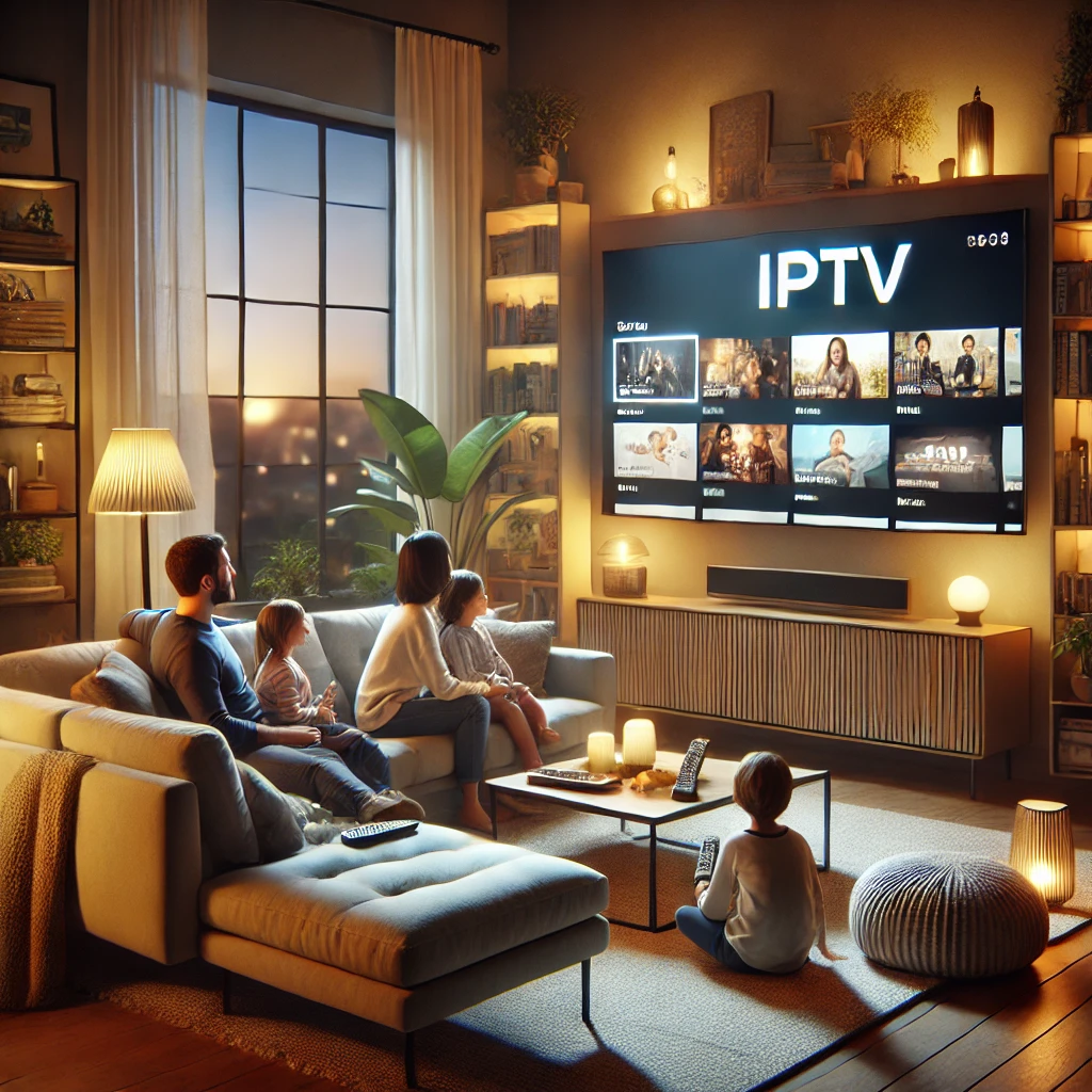 DALL·E 2024 10 12 15.59.52 A cozy living room scene with a modern family watching IPTV on a large wall mounted flat screen television. The room has comfortable sofas with soft