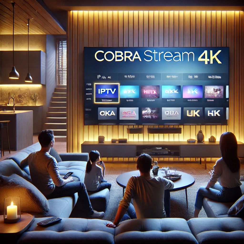 DALL·E 2024 10 12 16.01.53 A modern living room scene with a family watching IPTV on a large wall mounted TV. The TV interface displays various streaming options and prominent