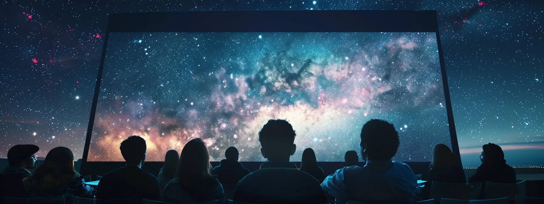 a diverse group of people gathered around a large screen, watching a captivating movie on a rooftop under the starry night sky.