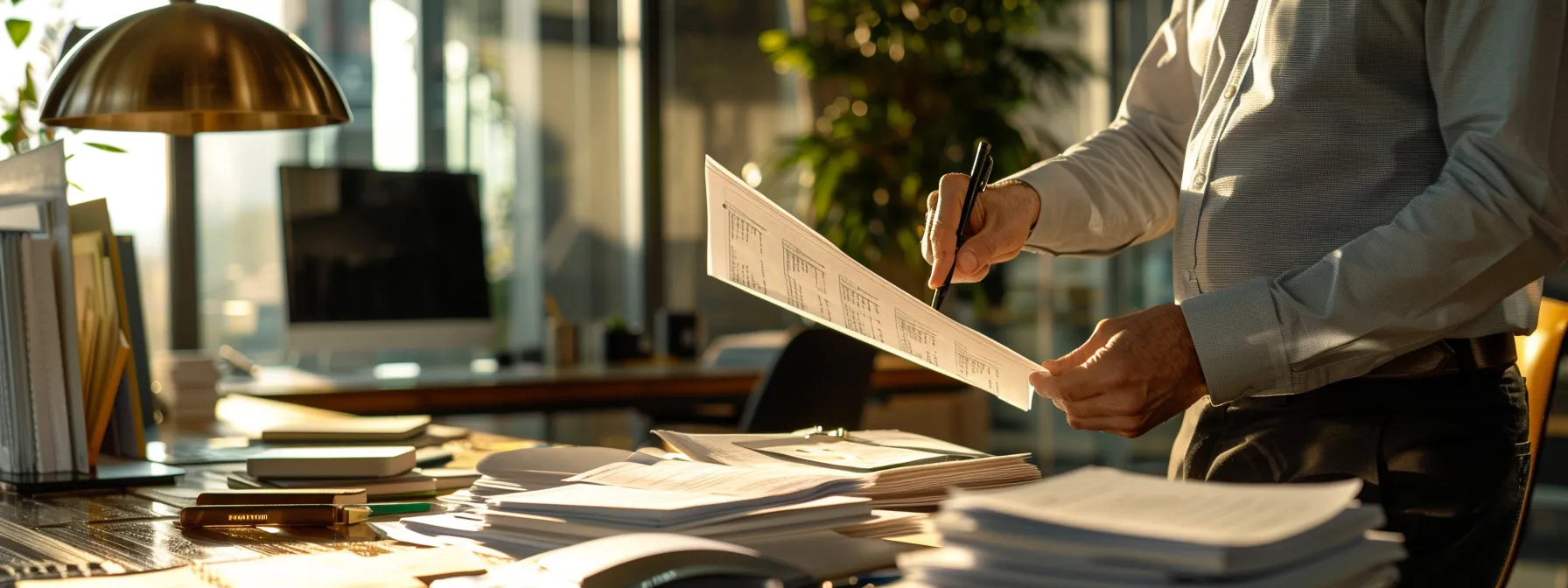 a person carefully examining a stack of legal documents and licenses, surrounded by technology equipment in a modern office setting.