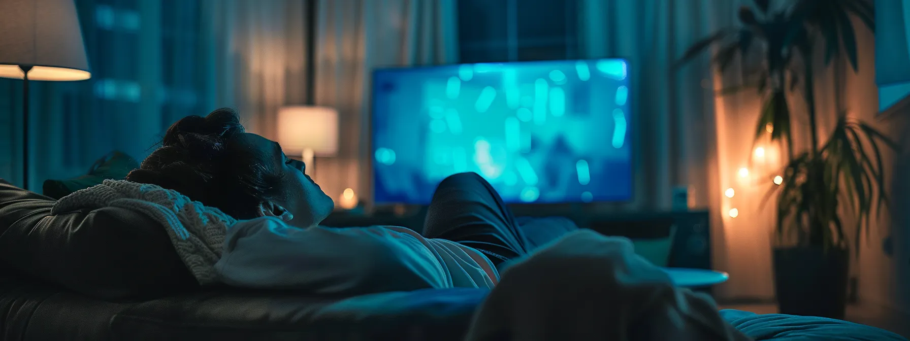 a person lounging on a plush couch, transfixed by a crystal-clear, high-definition television screen displaying vibrant images from xtreme hd iptv.