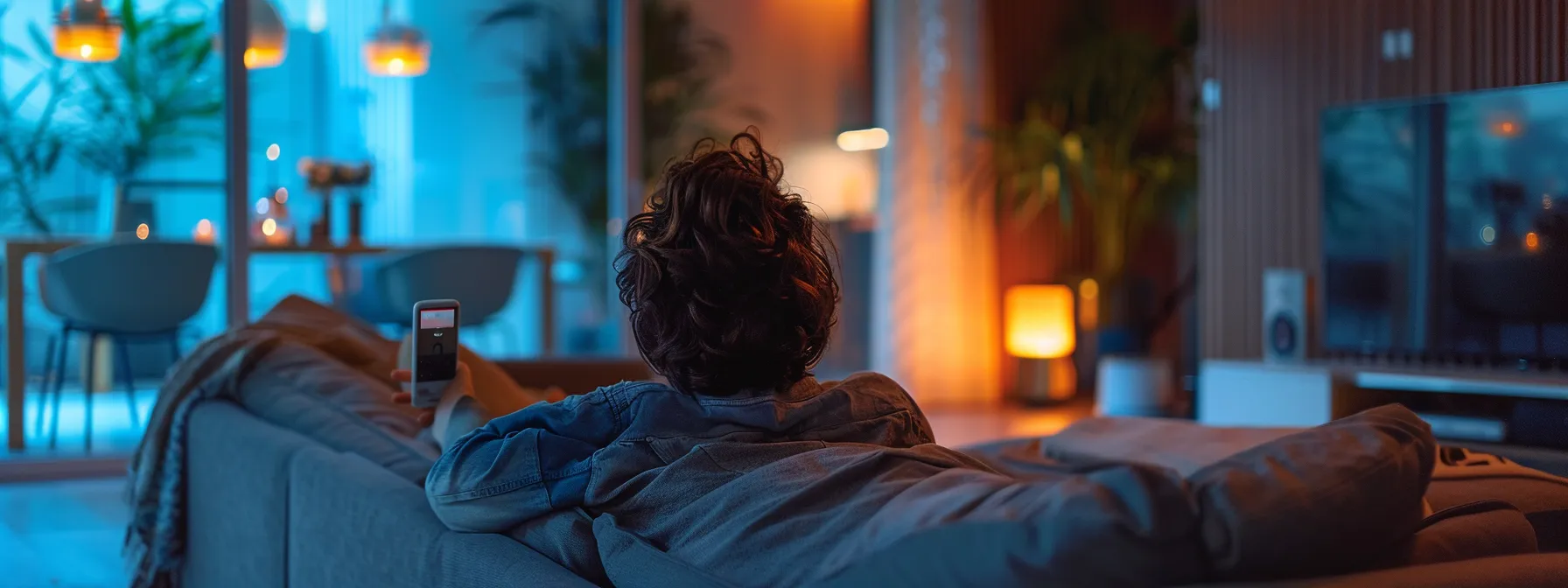 a person sitting on a modern couch, using a sleek smart player remote to browse through a customized playlist on a large, high-definition iptv screen.