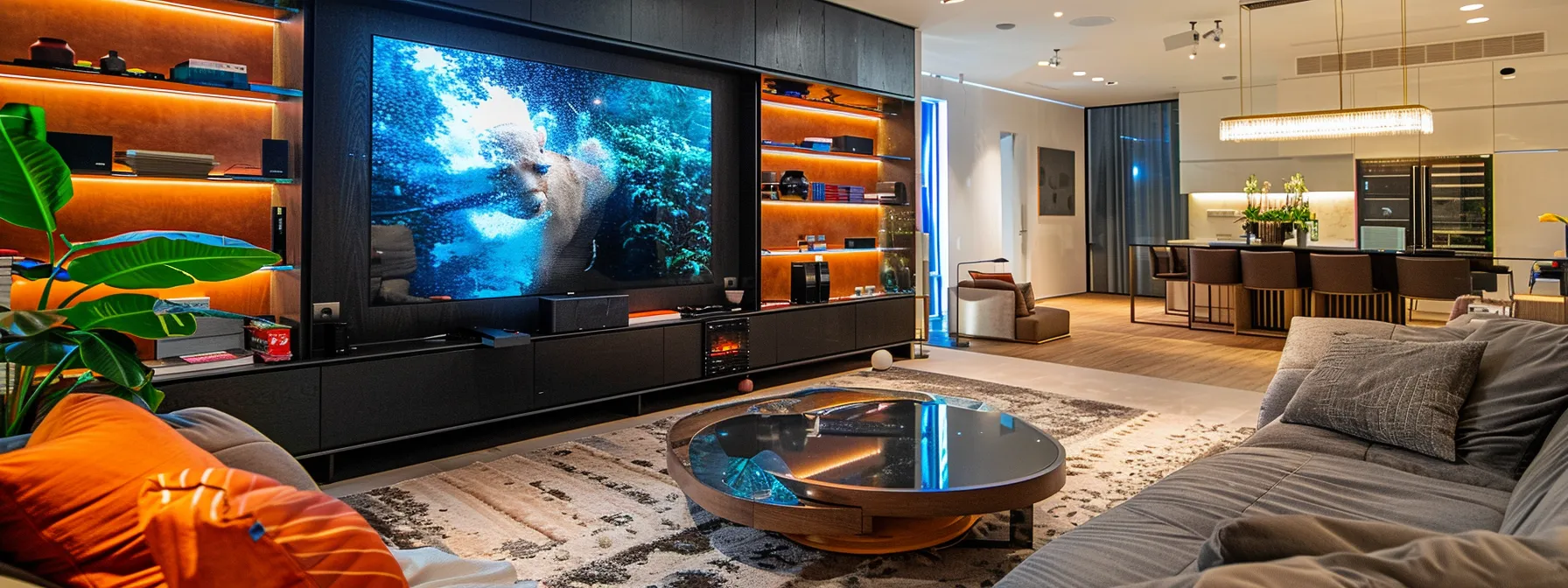 a sleek, modern living room setup with a large high-definition tv displaying a vibrant and crystal-clear 4k streaming service offered by streamcobra.