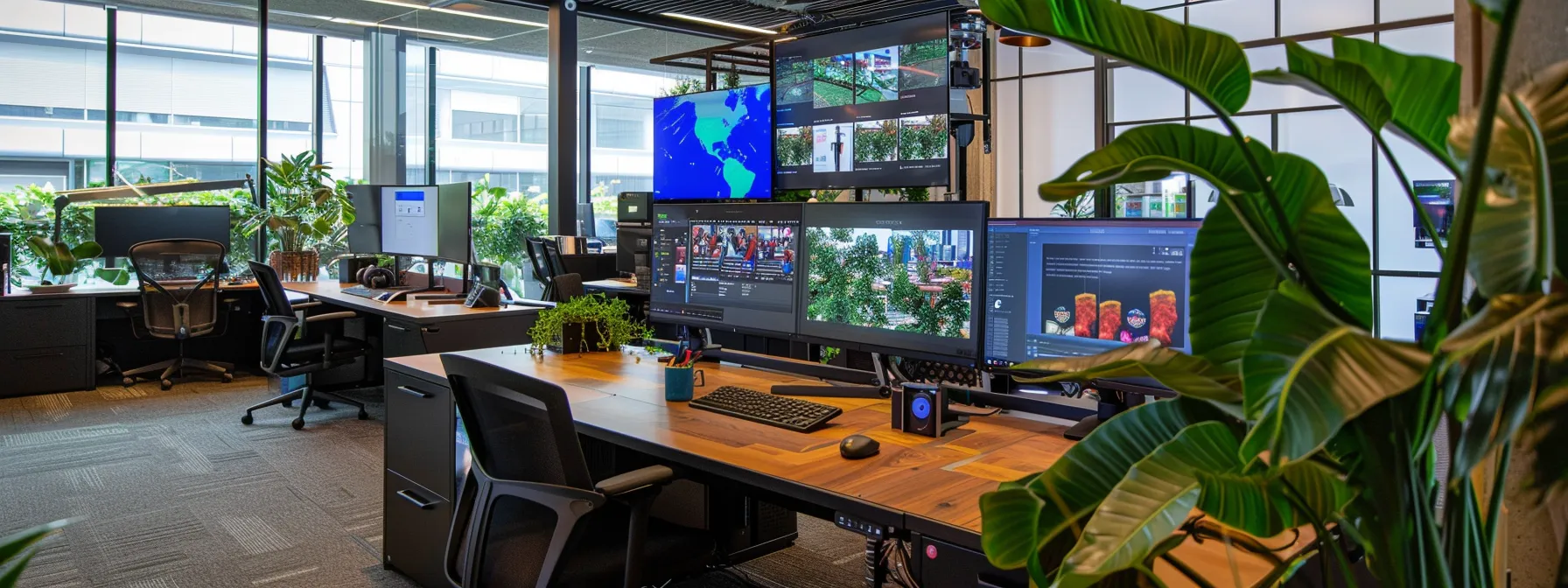 a sleek, modern office setup with a large screen displaying crystal-clear iptv content from streamcobra 4k, surrounded by branding materials exuding professionalism and trustworthiness.