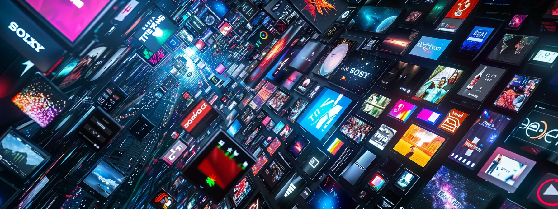 a wide shot capturing a diverse array of streaming platforms' logos displayed on a variety of electronic devices.