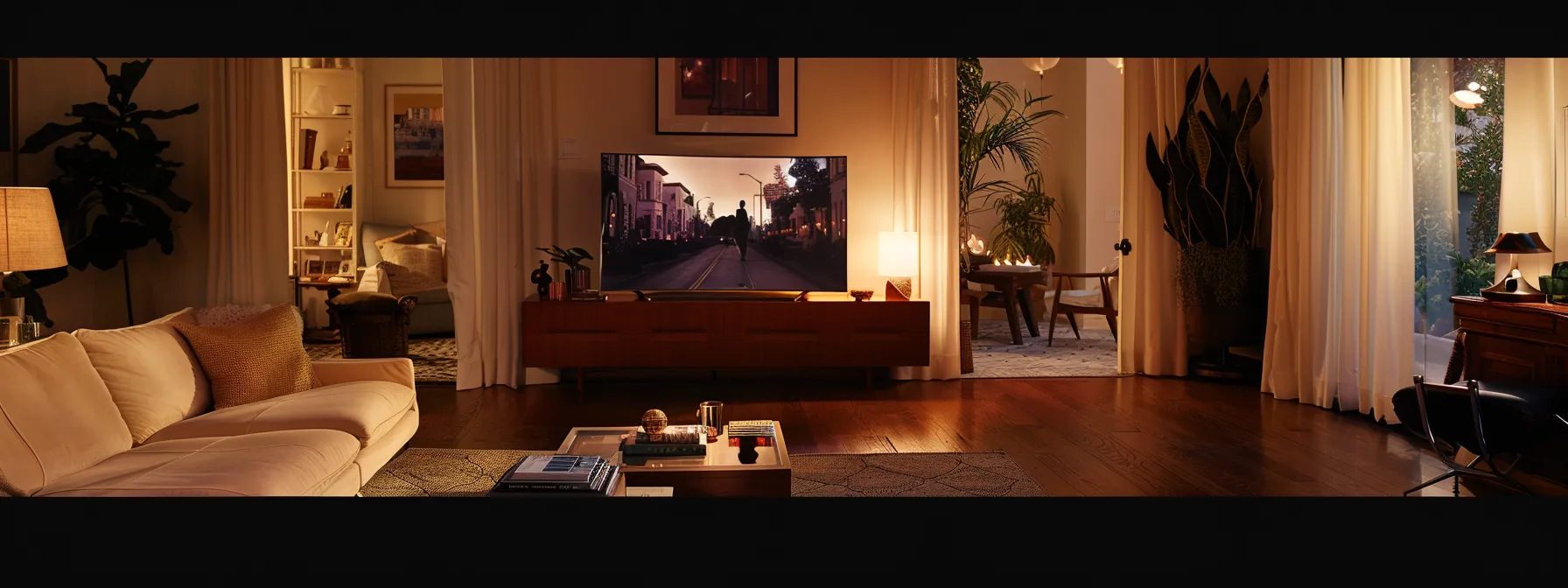 a cozy living room with a modern smart tv streaming gripping drama series on-demand, featuring johnny lawrence, as viewers relax with personalized playlists on their ios devices.