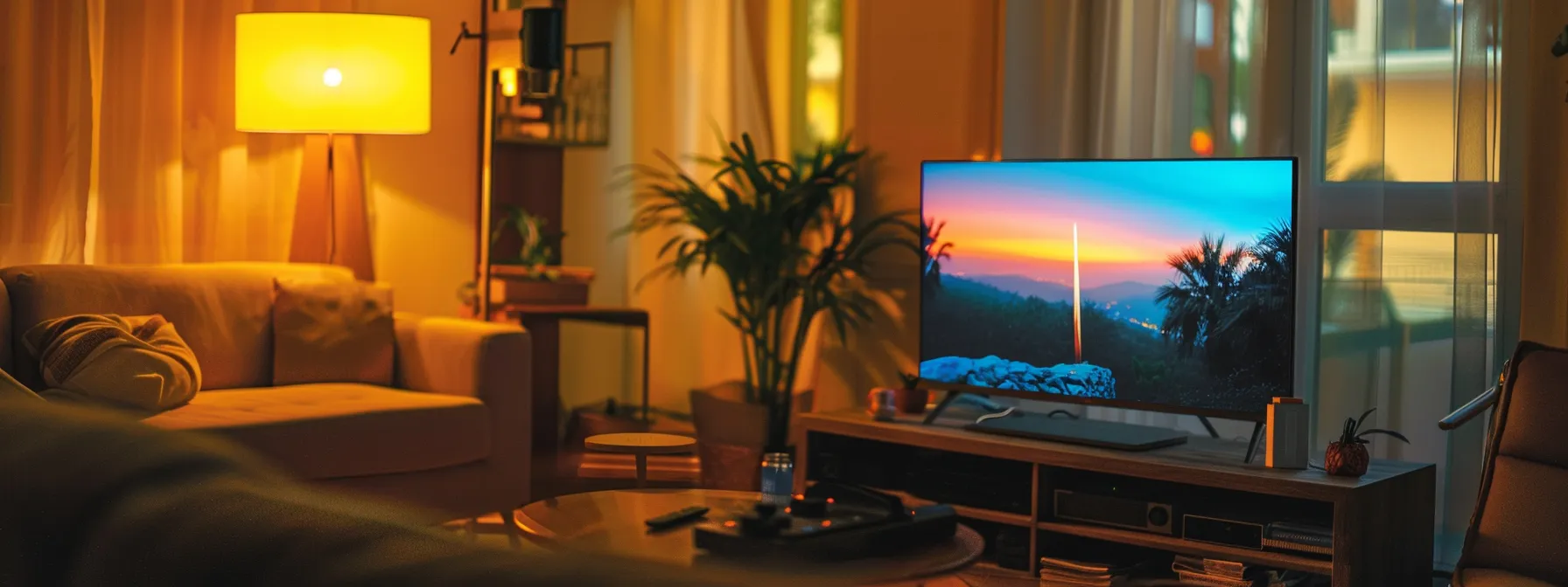 a cozy living room with a modern tv displaying a vibrant, high-quality movie streaming on a free platform, surrounded by a sleek antenna.