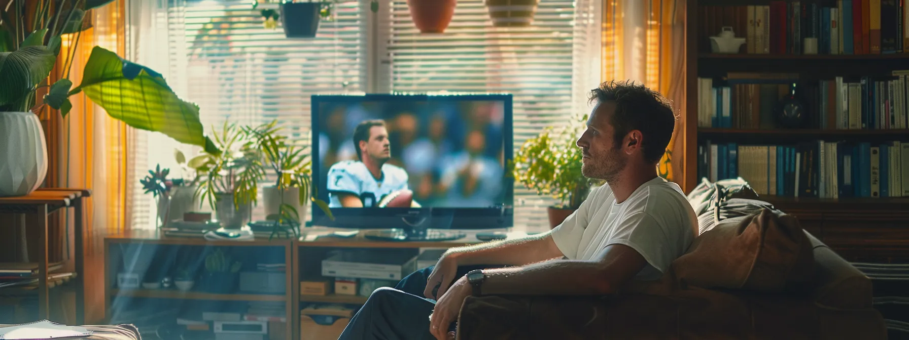 a man peacefully watching a football game on a crystal-clear tv screen with a seamless connection, surrounded by a clutter-free room and a customer service representative assisting him with a smile.