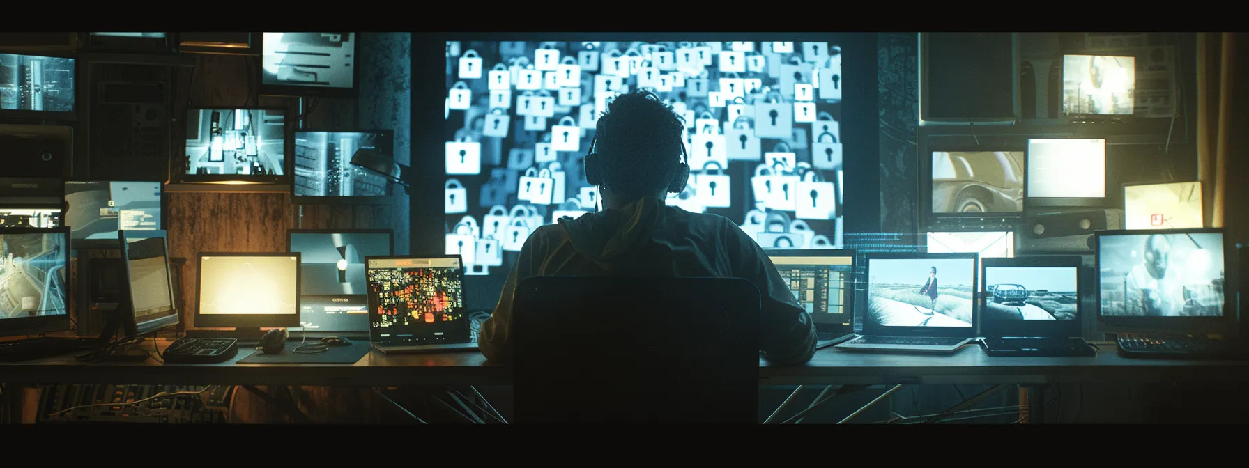 a person browsing through a secure and encrypted iptv provider website on a laptop, surrounded by locks symbolizing privacy and security measures.