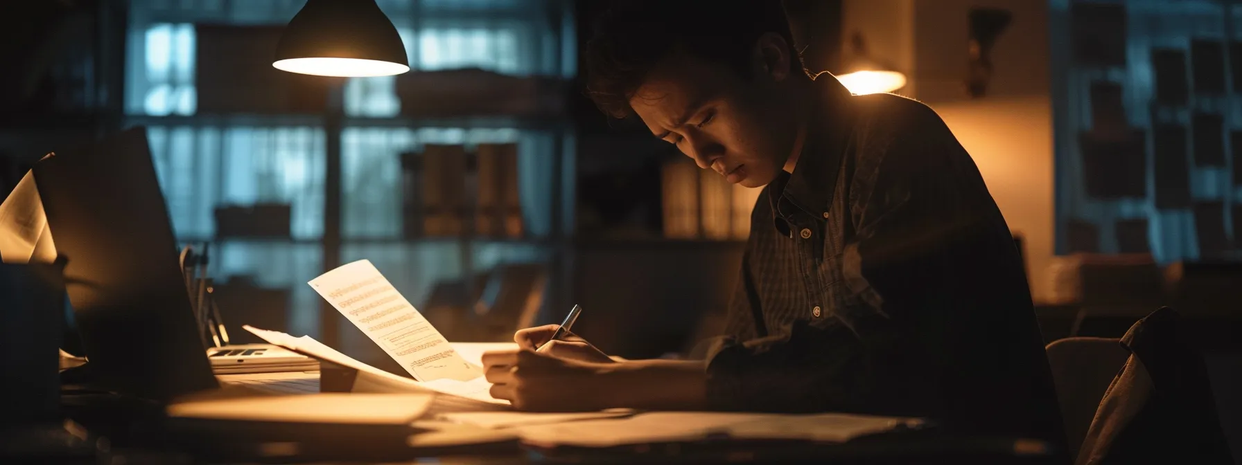 a person carefully studying legal documents and compliance regulations in a modern office setting.