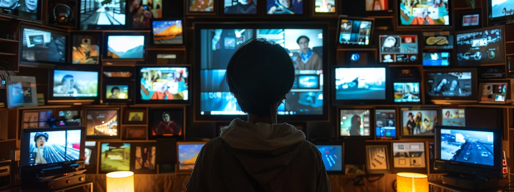 a person surrounded by multiple electronic devices, each showcasing free tv content, highlighting the versatility and convenience of modern entertainment options.