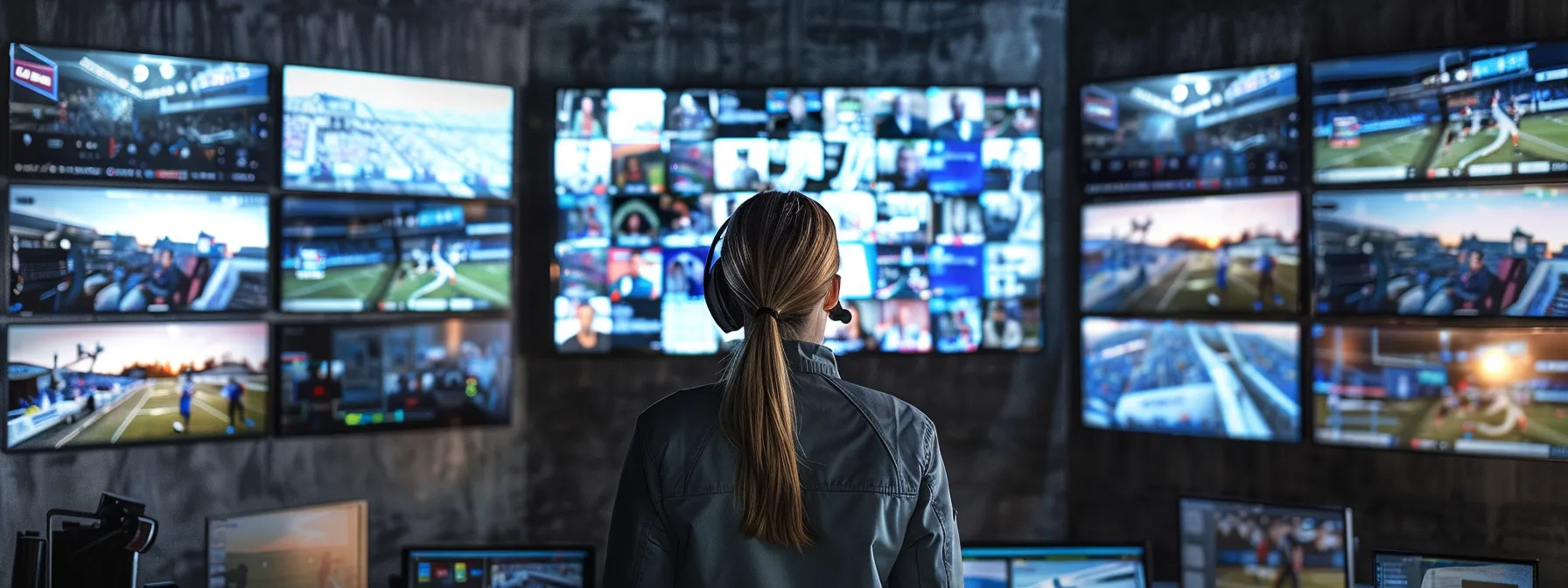 a person surrounded by multiple screens showing a variety of tv channels from different countries, with a focus on spain-centric programming and sports packages.