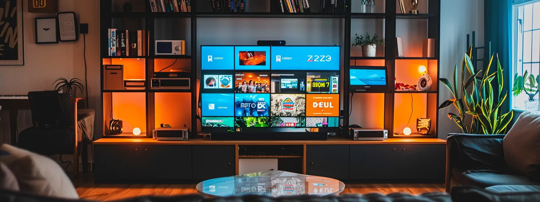 a sleek, modern living room setup with a large flat screen tv displaying a variety of iptv channels, illustrating the potential for increased income through iptv reselling.