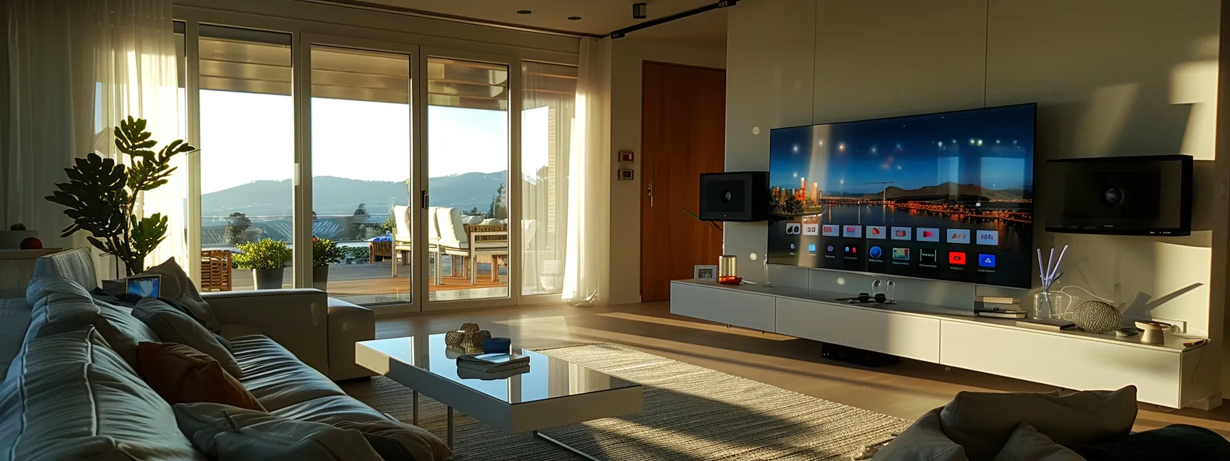 a modern living room with a large flat-screen tv displaying high-quality, high-definition streaming content.