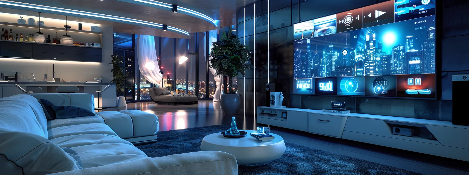 a futuristic living room with a sleek, large smart tv displaying high-quality, streaming content, showcasing the transformation of television experience with iptv technology.