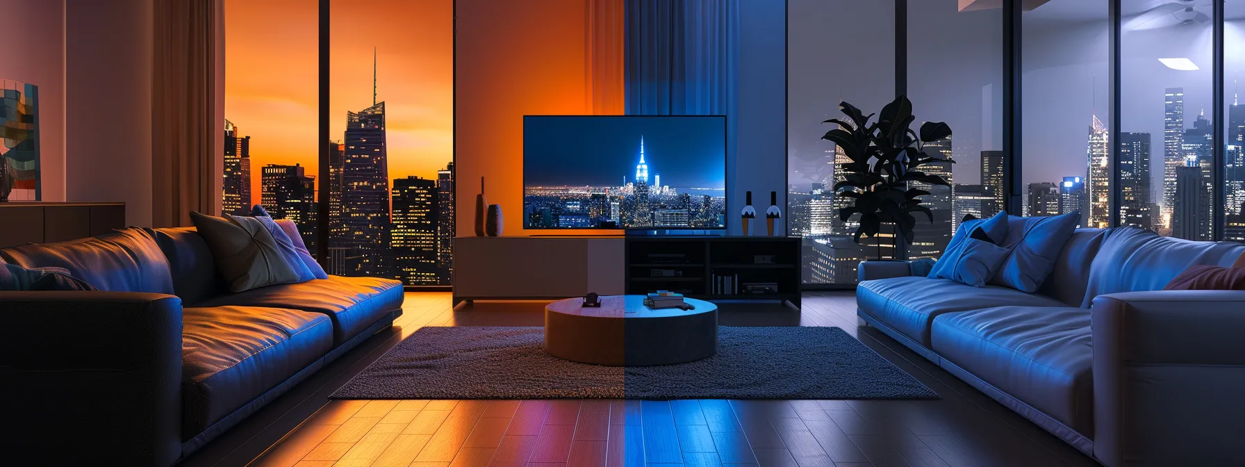 Here are additional images capturing the sleek, modern living room with the IPTV setup, family interaction, and cityscape view. Let me know if you'd like any further refinements!