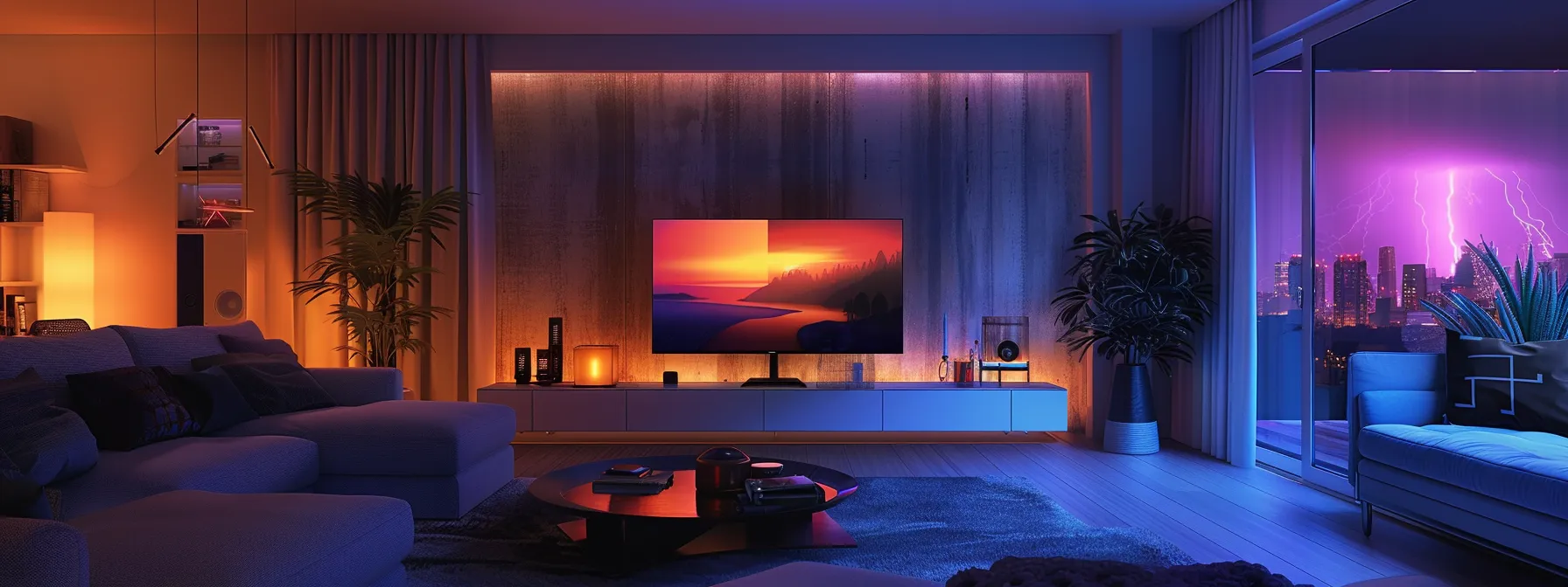 a cozy living room with a sleek, high-tech smart tv streaming a personalized iptv channel lineup, surrounded by advanced smart home devices enhancing the viewing experience.