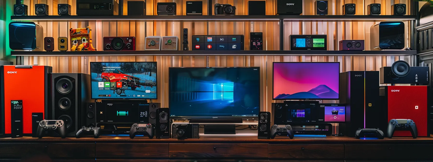 a diverse array of colorful streaming devices lined up neatly on a sleek, modern entertainment center.