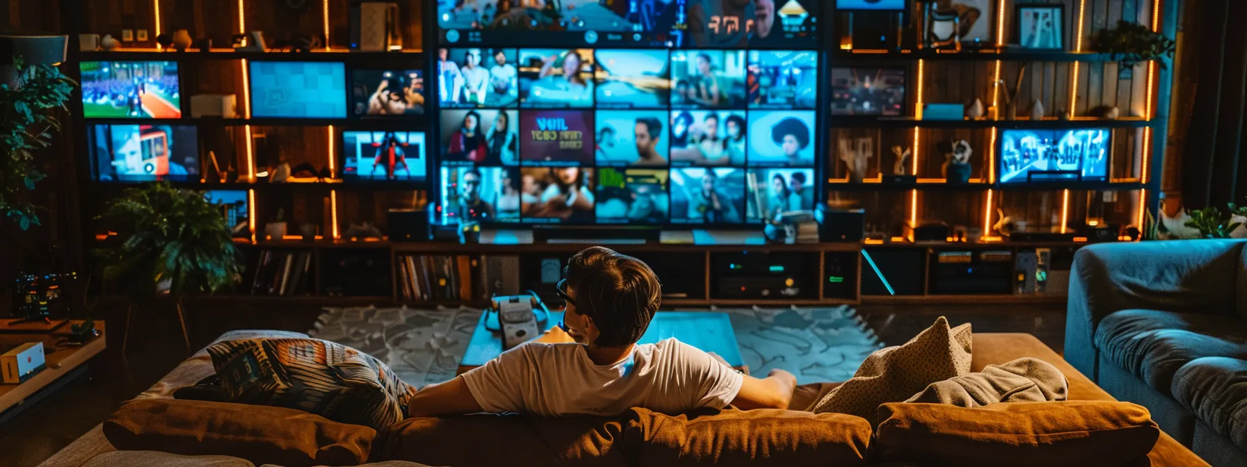 a person sitting comfortably on a plush couch, surrounded by a variety of streaming devices, watching a high-definition live event on a large screen.