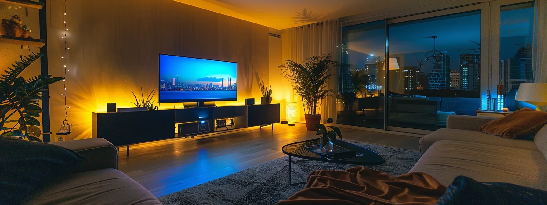 a sleek, modern living room setup featuring a large, high-definition smart tv with a streamcobra 4k device connected for optimal iptv streaming.