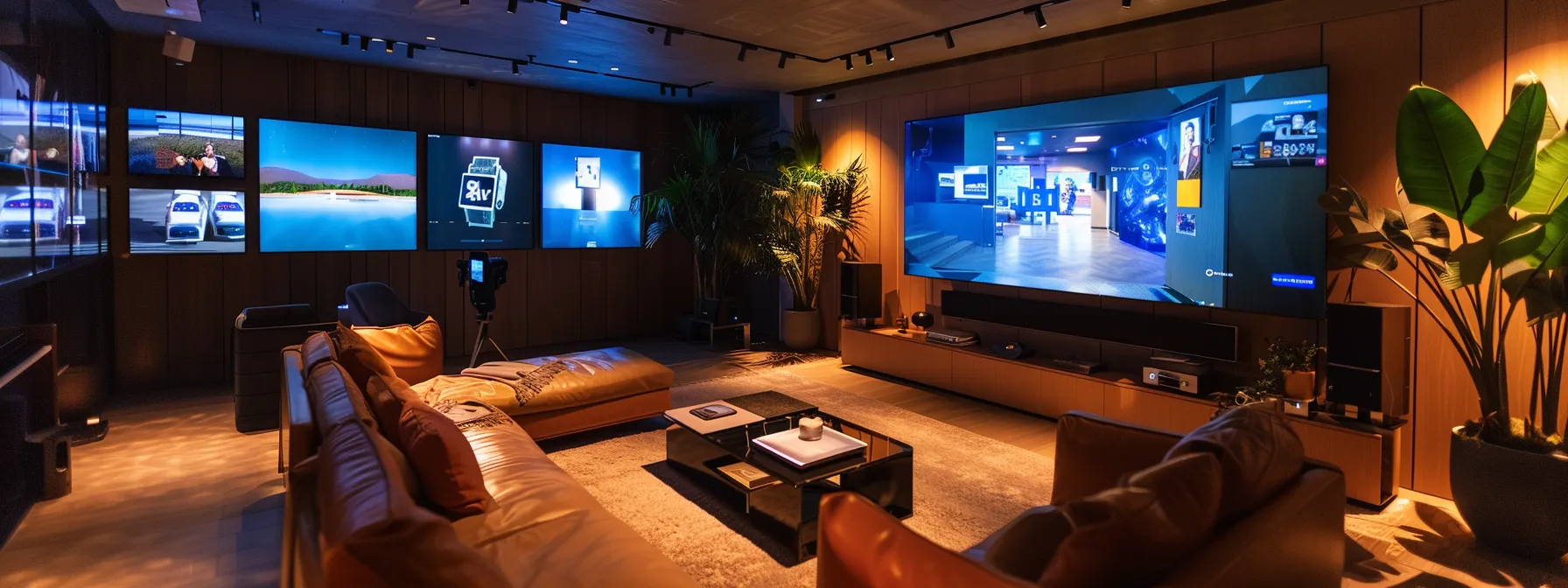 a sleek, modern living room featuring a large smart tv seamlessly integrated with various smart devices and home automation systems, all connected through iptv technology.