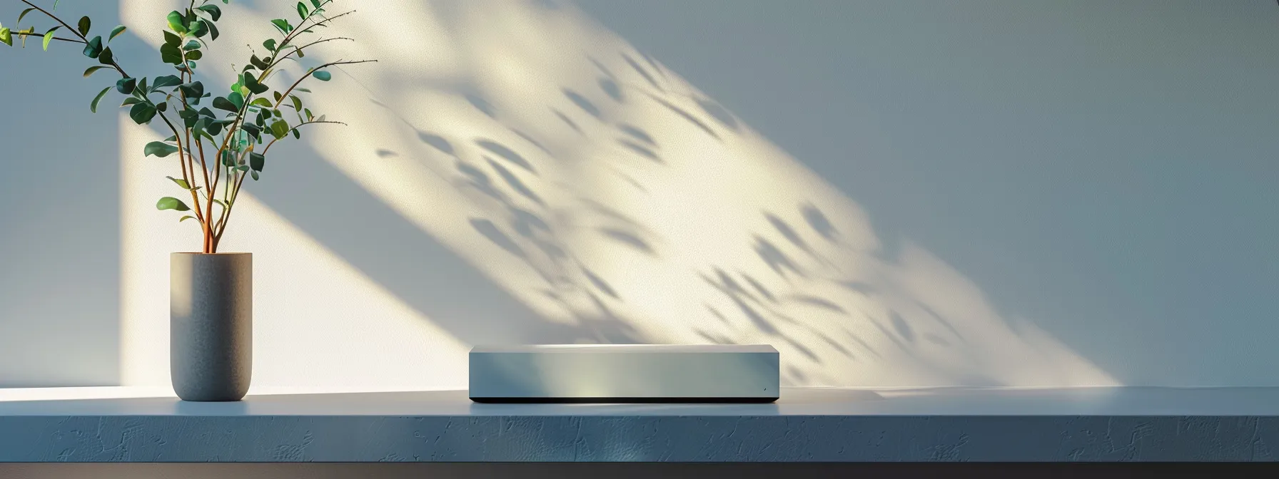 a sleek, modern streaming device resting on a minimalist white shelf.