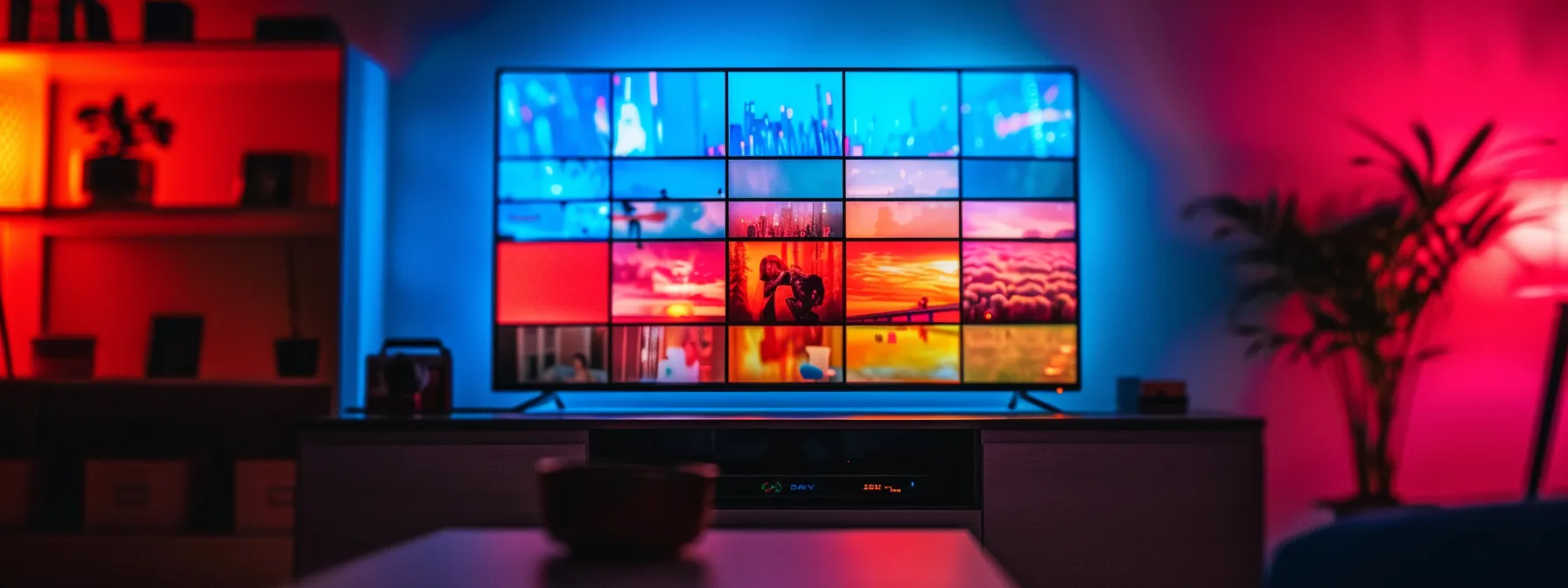 a sleek, modern television screen displaying a range of adult live tv channels, casting a vibrant glow in a dimly lit room.