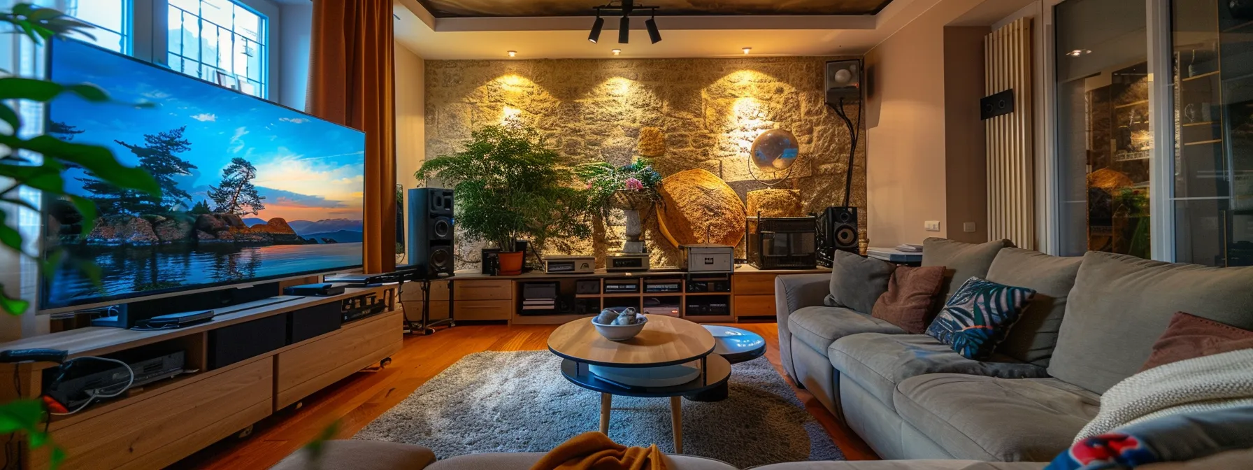 a cozy living room with a large, high-definition television displaying a crystal-clear iptv stream of a blockbuster movie.