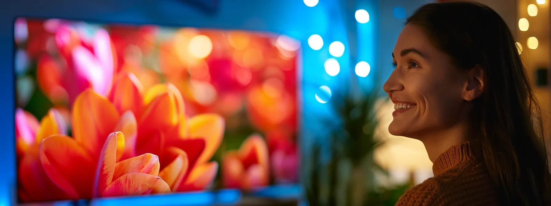 a customer service representative assisting a smiling customer with a high-definition tv in the background, showcasing the commitment to customer satisfaction and support at xtreme hd iptv.