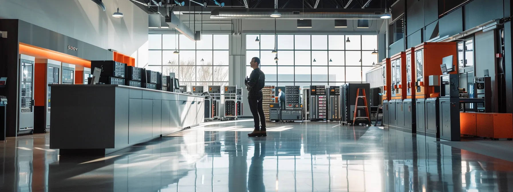 a customer standing in a modern showroom surrounded by state-of-the-art generac power solutions, ready to take the next step towards reliable power.