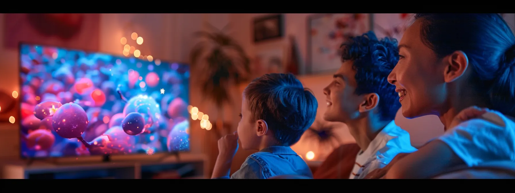 a delighted family sitting around a vibrant, crystal-clear tv screen, watching streamcobra4k with expressions of awe and satisfaction on their faces.