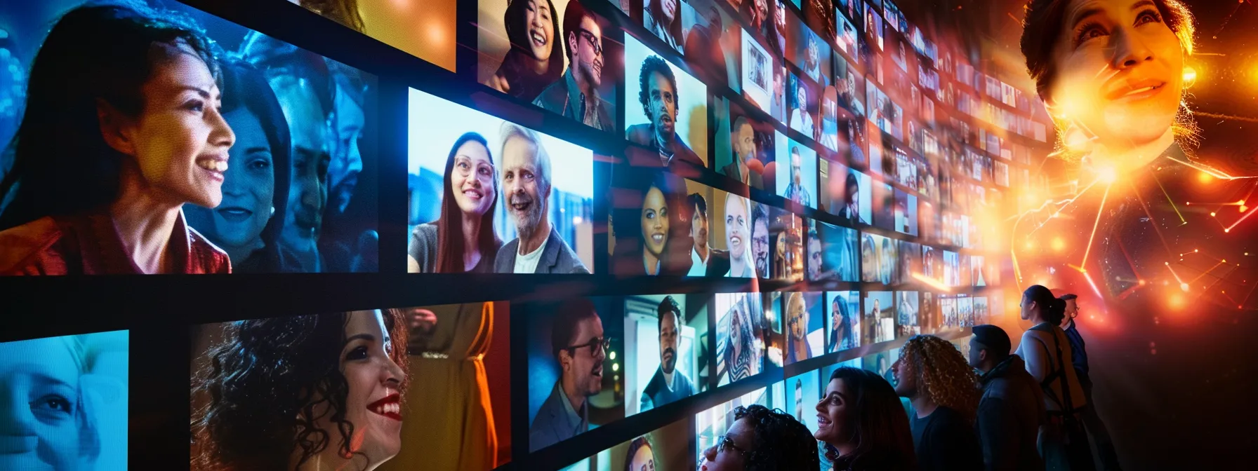 a diverse group of smiling individuals gathered around a giant screen, captivated by the vibrant and crystal-clear images streaming from xtreme hd iptv service.