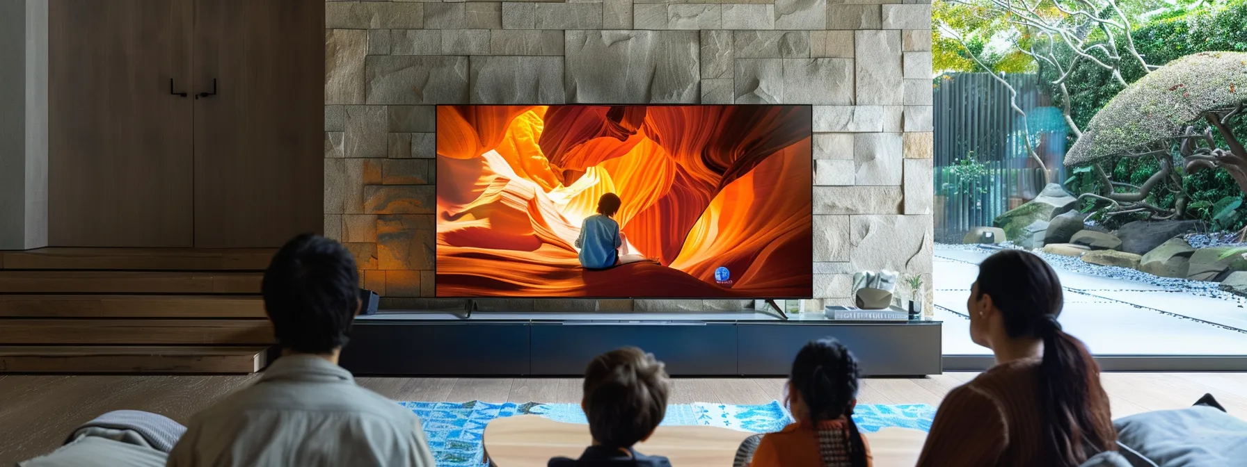 a family gathered around a sleek, modern television, each member enjoying personalized entertainment profiles on their devices.