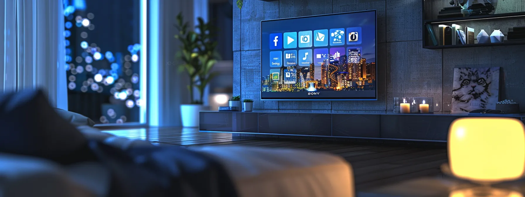 a futuristic smart tv displaying a diverse range of iptv apps available for download in a modern living room setting.