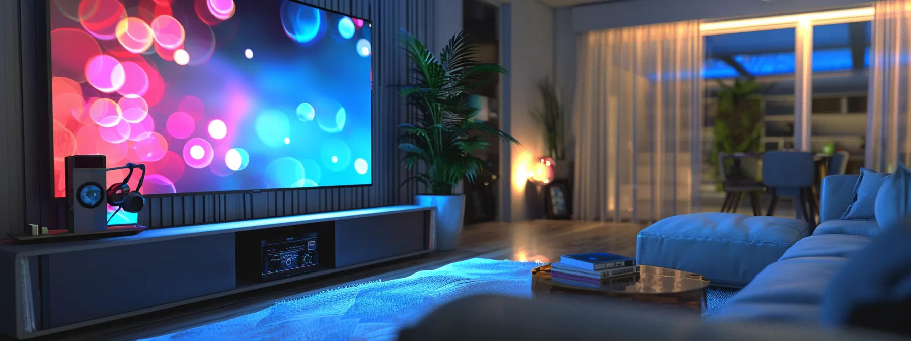 a modern living room setup with a large, high-definition television streaming 4k content with a sleek and user-friendly interface.