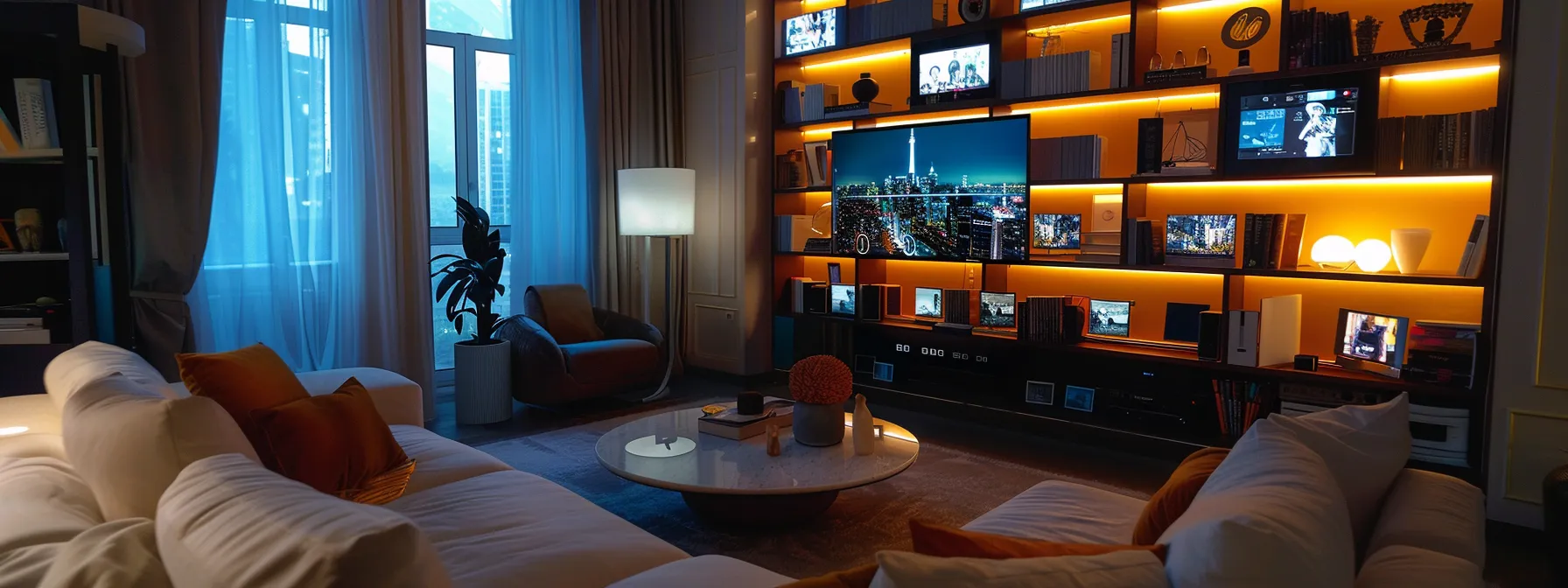 a modern living room with a sleek, high-definition tv streaming a variety of iptv channels.