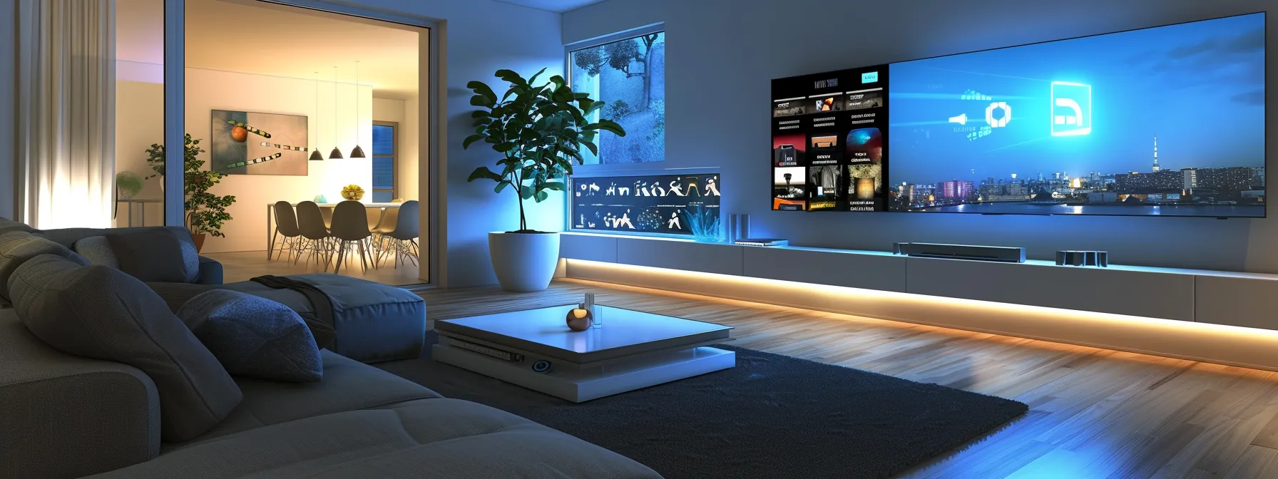 a modern living room with a sleek, wall-mounted smart tv displaying crystal-clear iptv content from streamcobra4k.