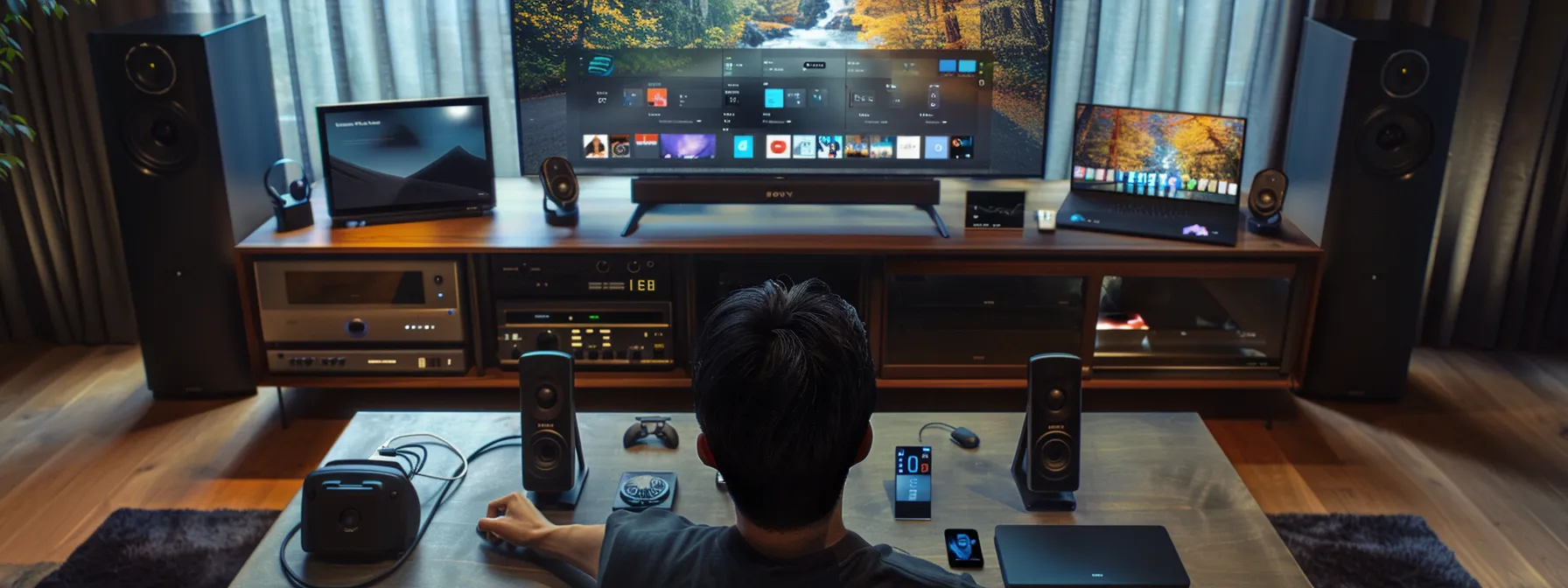 a person adjusting settings on a high-definition television while surrounded by various streaming devices and a sleek wireless router.