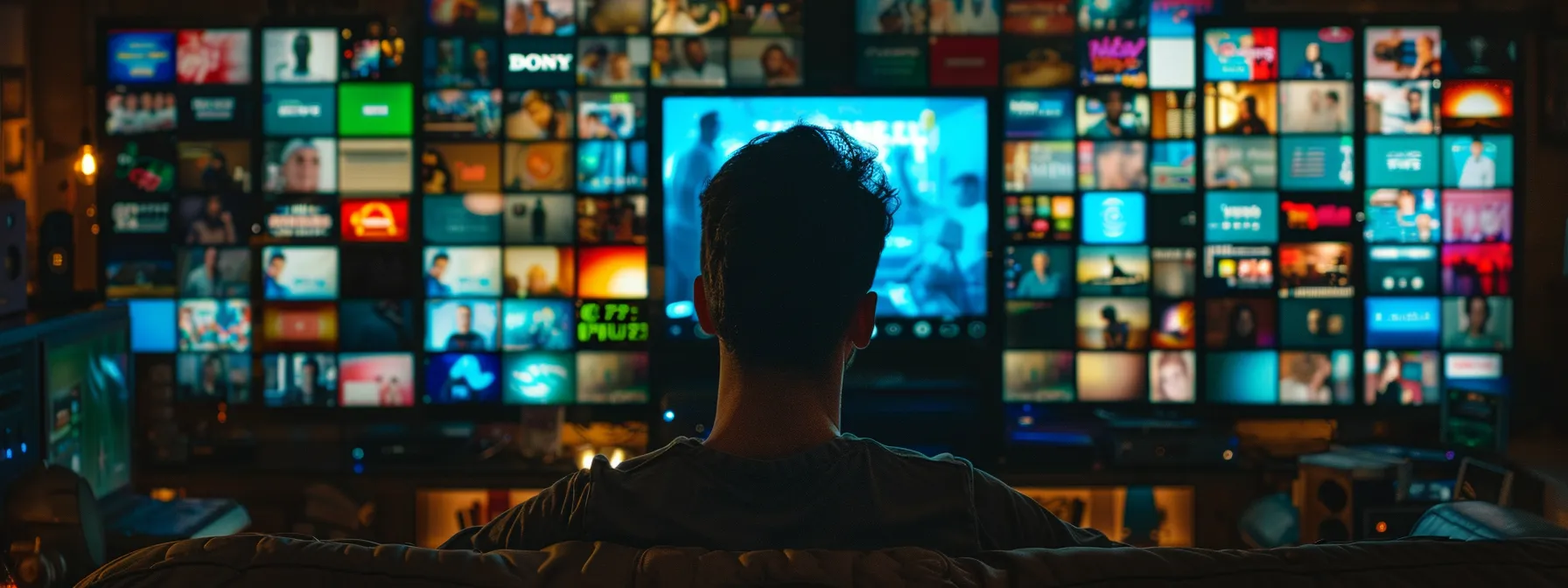 a person comparing different iptv 4k provider websites on multiple screens, surrounded by colorful channel logos and user reviews.