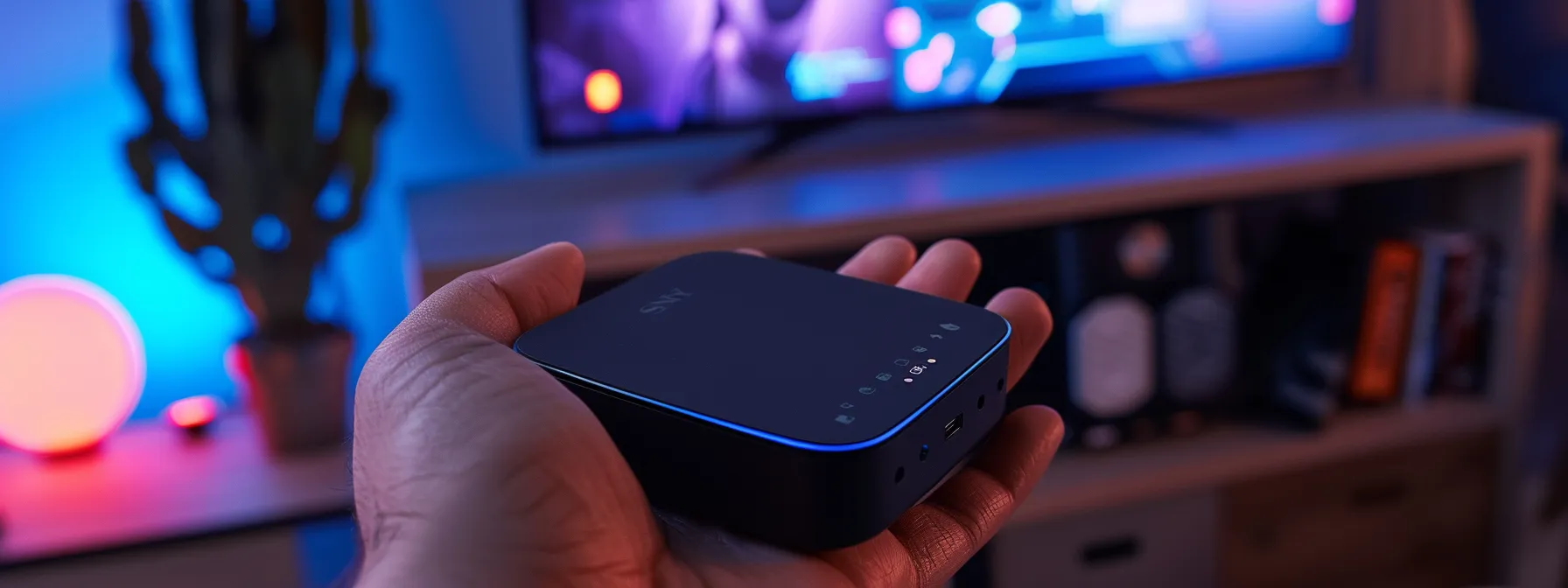 a person holding a modern 4k streaming device with sleek design and vibrant display options, contrasting with a cluttered, outdated cable box in the background.