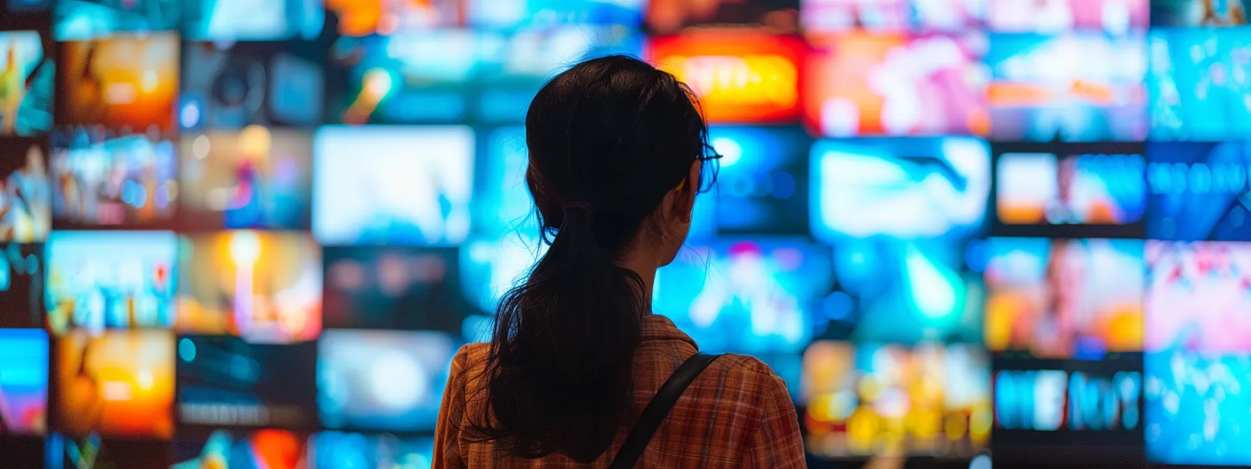 a person selecting a subscription plan on a sleek, modern television screen, surrounded by a vibrant digital world of entertainment options.