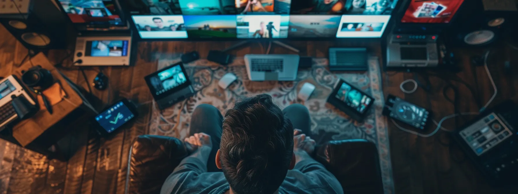 a person selecting various devices for streaming, surrounded by a variety of iptv options, showcasing the journey of setting up streamcobra for a personalized viewing experience.