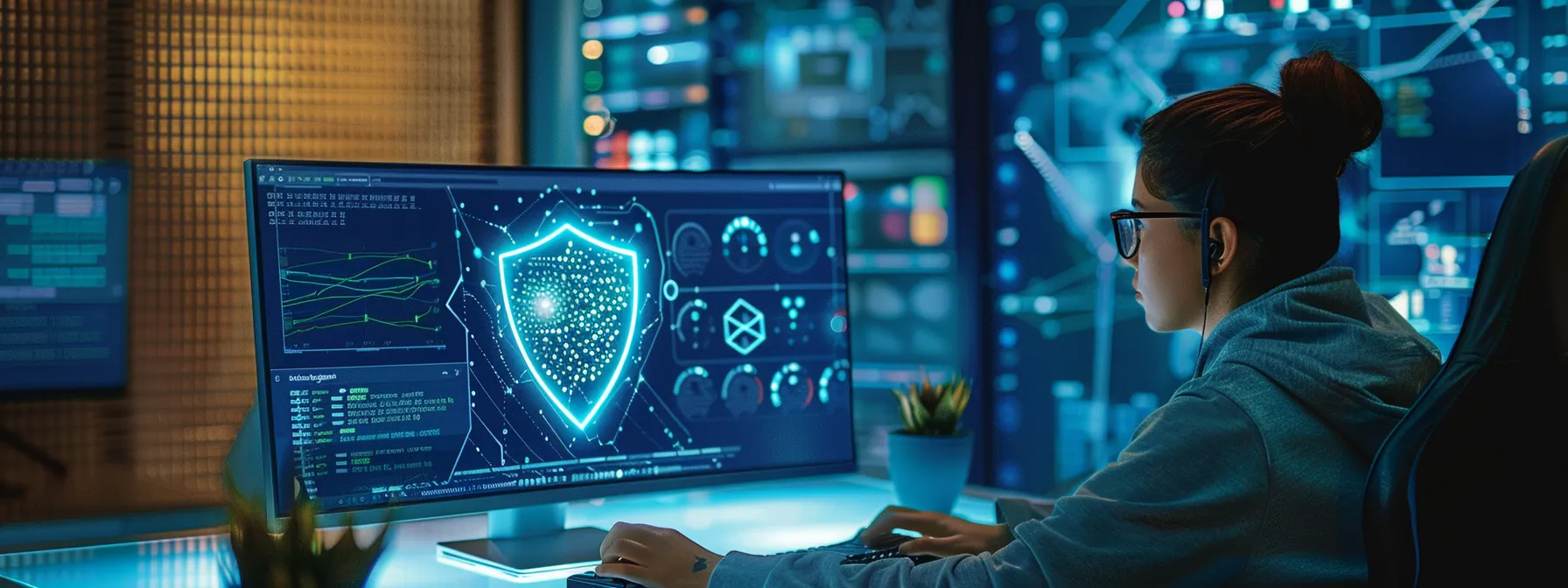 a person sitting at a computer desk, surrounded by a glowing vpn shield, browsing adult streaming content with a sense of security.
