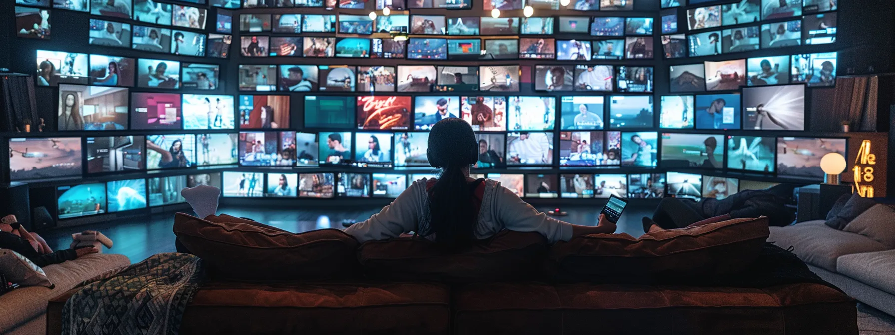 a person sitting comfortably on a couch, surrounded by multiple devices streaming various shows through a customized m3u iptv playlist.