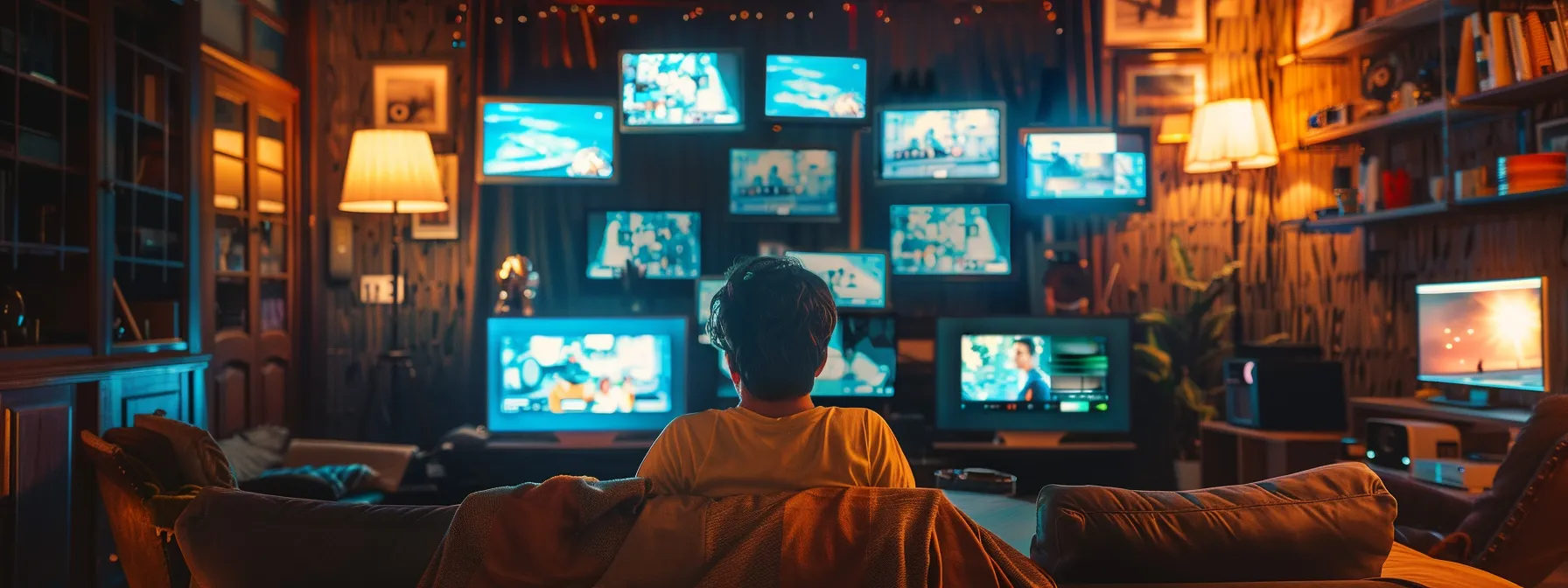 a person sitting in a cozy living room, surrounded by multiple screens streaming high-quality content from various iptv providers, with a look of contentment and satisfaction on their face.