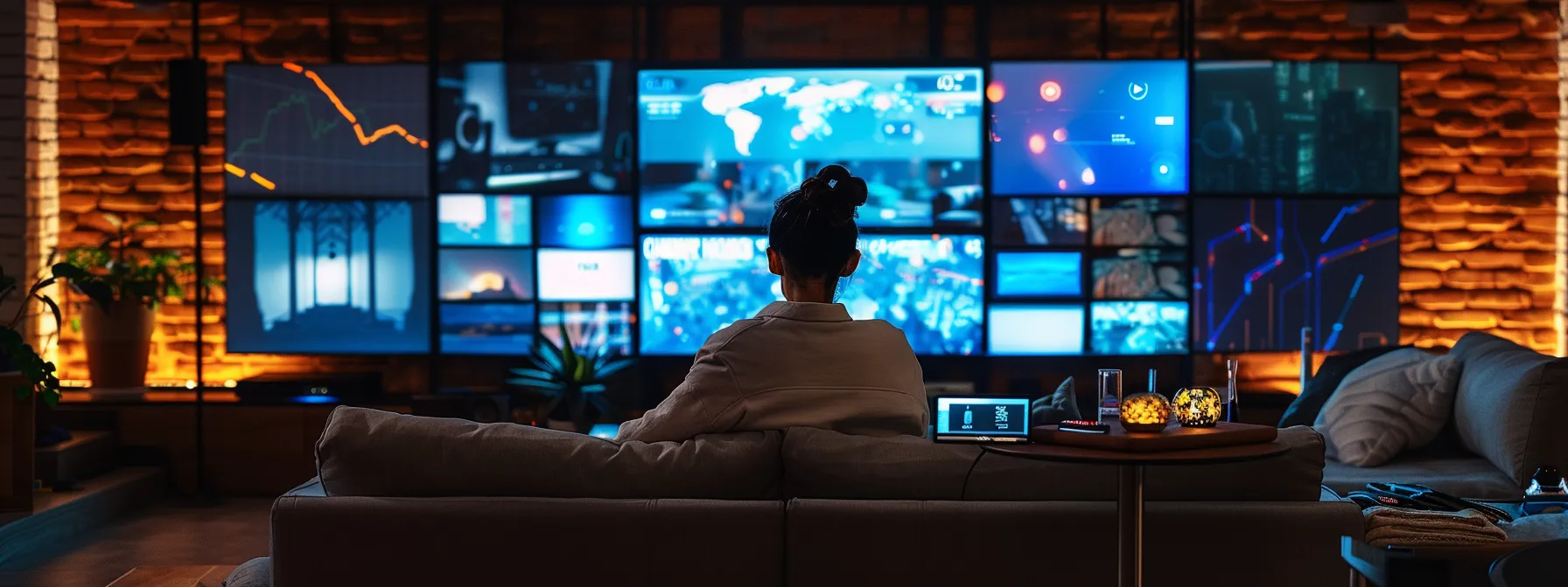 a person sitting on a cozy couch, surrounded by multiple screens showcasing various legal iptv services for premium streaming.