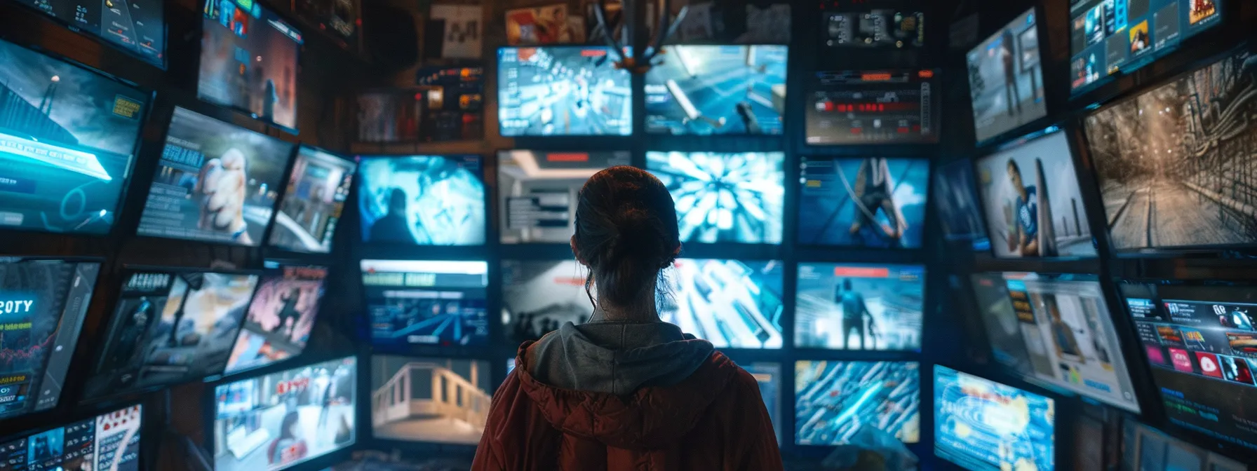 a person surrounded by multiple television screens displaying various channels, each labeled with different genres, as they contemplate their perfect iptv subscription plan.