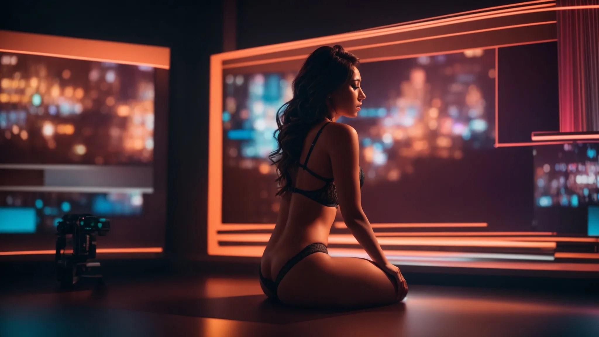 a seductive woman in lingerie poses in front of a vibrant, futuristic tv screen streaming adult content.