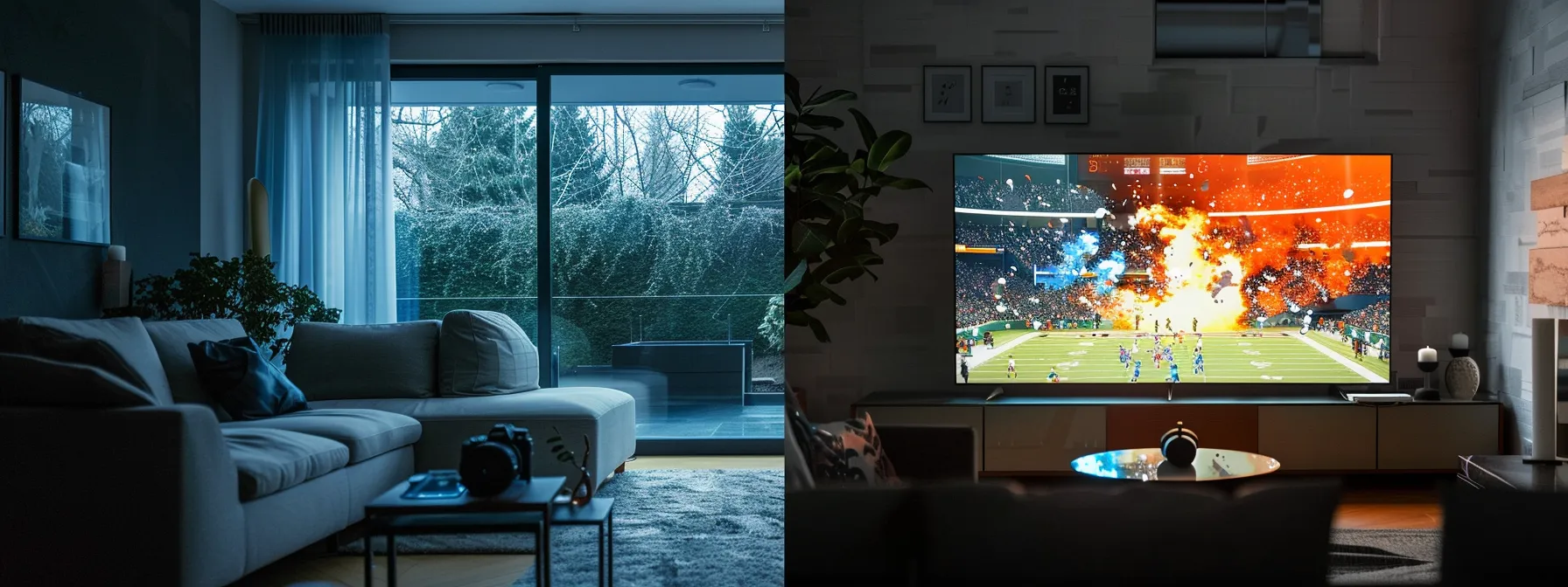 a sleek and modern living room setup featuring a large 4k television streaming a high-energy sports game.