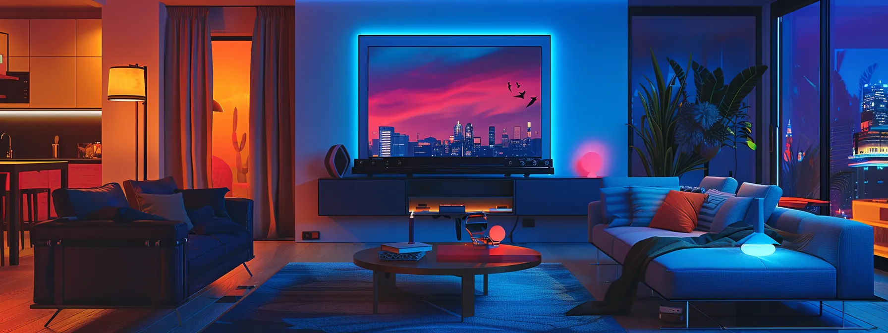 a sleek and modern living room setup featuring a high-quality 4k television streaming content from streamcobra, showcasing vivid colors and crisp details.